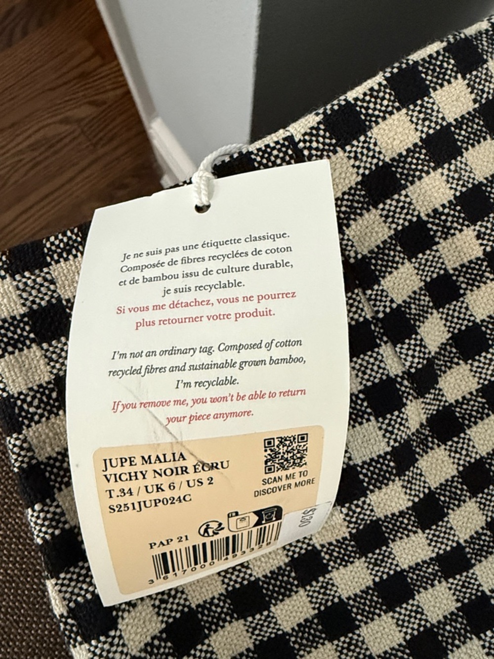 Sezane Malia Mini Skirt Black/Ecru Gingham Size 34 New With Tags - Picture 6 of 6